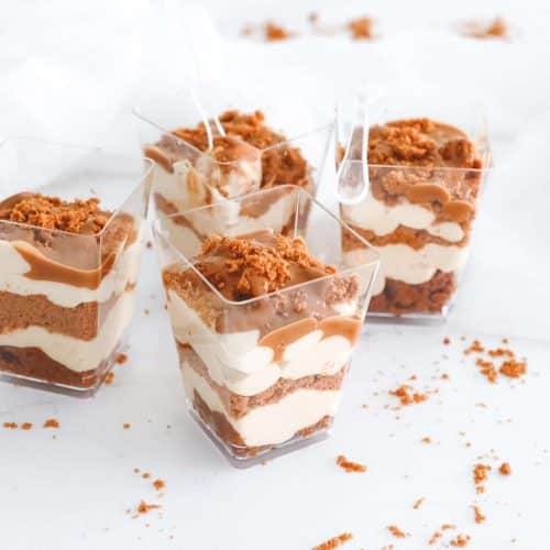 High Protein no-bake Biscoff cheesecake cups in individual dessert cups