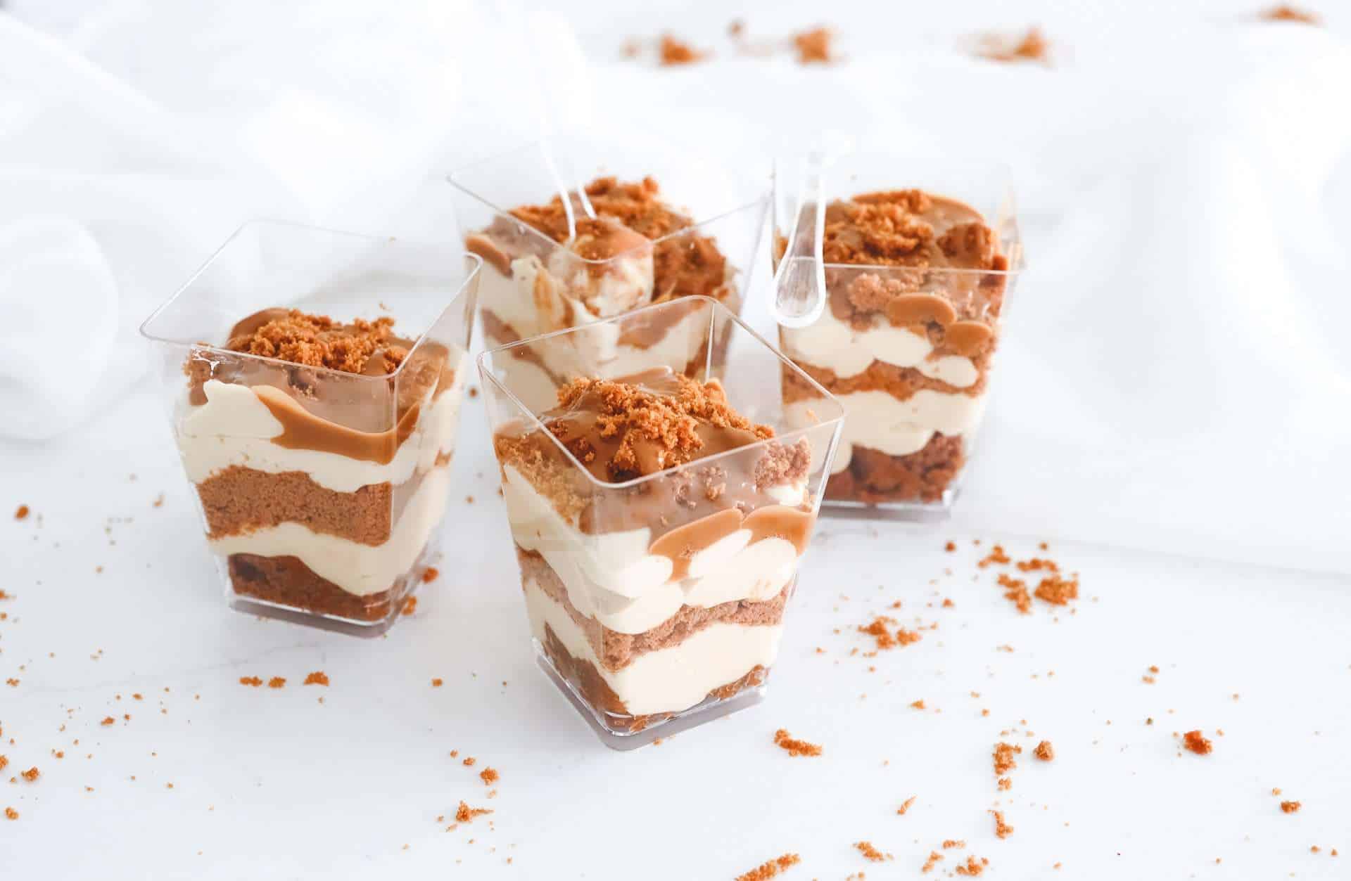 High Protein no-bake Biscoff cheesecake cups in individual dessert cups