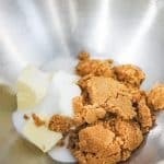 butter and sugars in mixing bowl for kinder bueno Nutella stuffed cookies