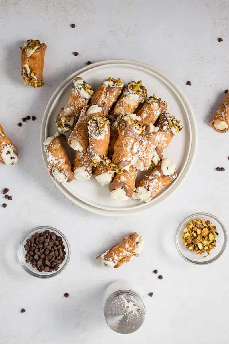 Cannoli overhead image with pistachios and chocolate chips