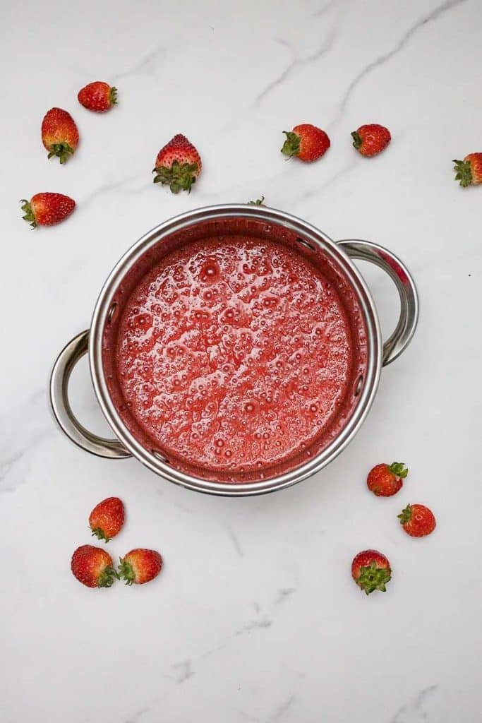 strawberry sauce - overhead image in pot
