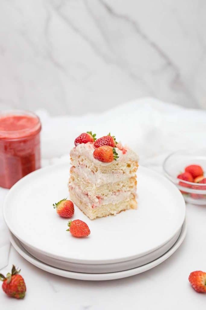 slice of strawberry shortcake with chantilly filling cake