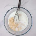 strawberry shortcake adding dry and milk ingredients