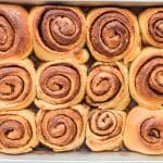 Golden brown cinnamon rolls fresh out of the oven