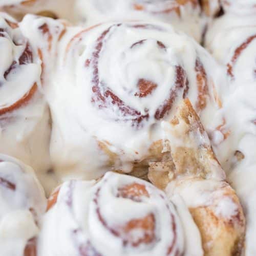 tangzhong cinnamon rolls in pan with Cream cheese frosting spread over warm cinnamon rolls