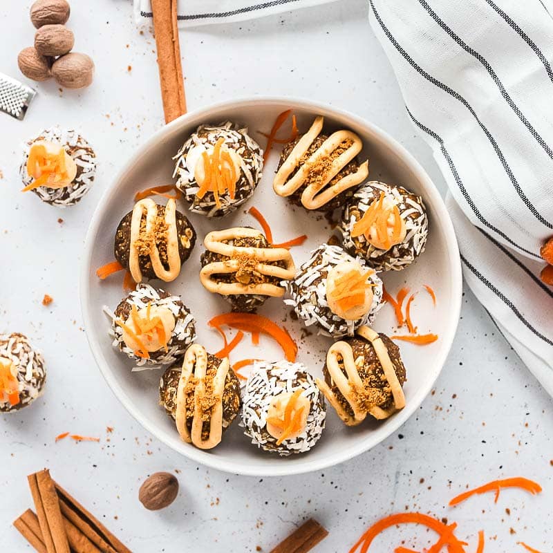 carrot cake biscoff energy balls overhead on white plate