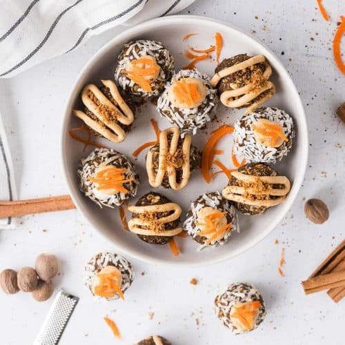 overhead shot of carrot cake biscoff energy balls in bowl