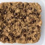 high protein chickpea blondies in 8x8 glass baking pan after baking