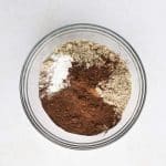 dry ingredients: cassava flour, cocoa powder, chocolate protein, hemp protein, flax, baking powder, baking soda, and salt.