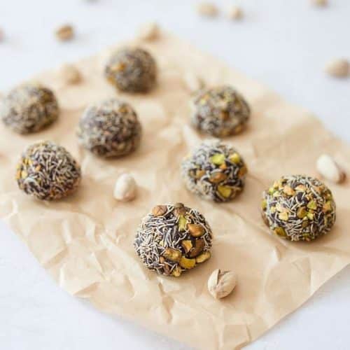 Dubai chocolate pistachio energy balls with kataifi topping