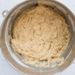 Final refined sugar free strawberry shortcake batter in stainless steel mixing bowl