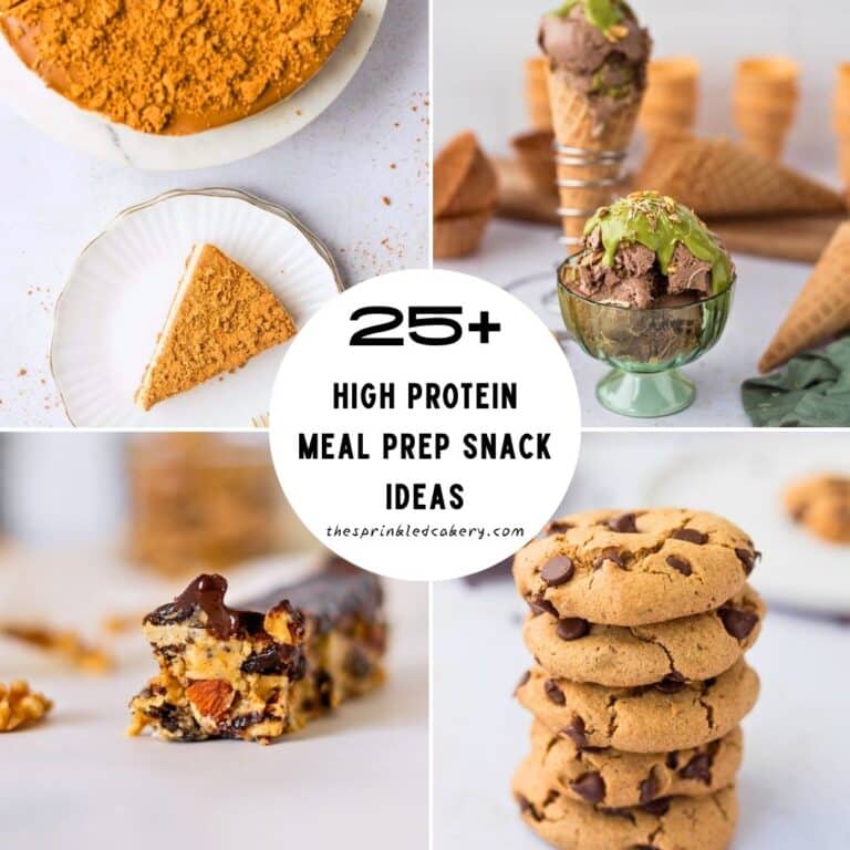 25+ high protein meal prep snack ideas with high protein biscoff cheesecake, Dubai chocolate protein ice cream, kind bars and chocolate chip protein cookies