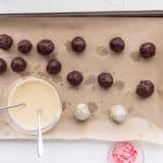 No-bake peppermint protein balls rolled and ready to chill — smooth and chocolatey texture.