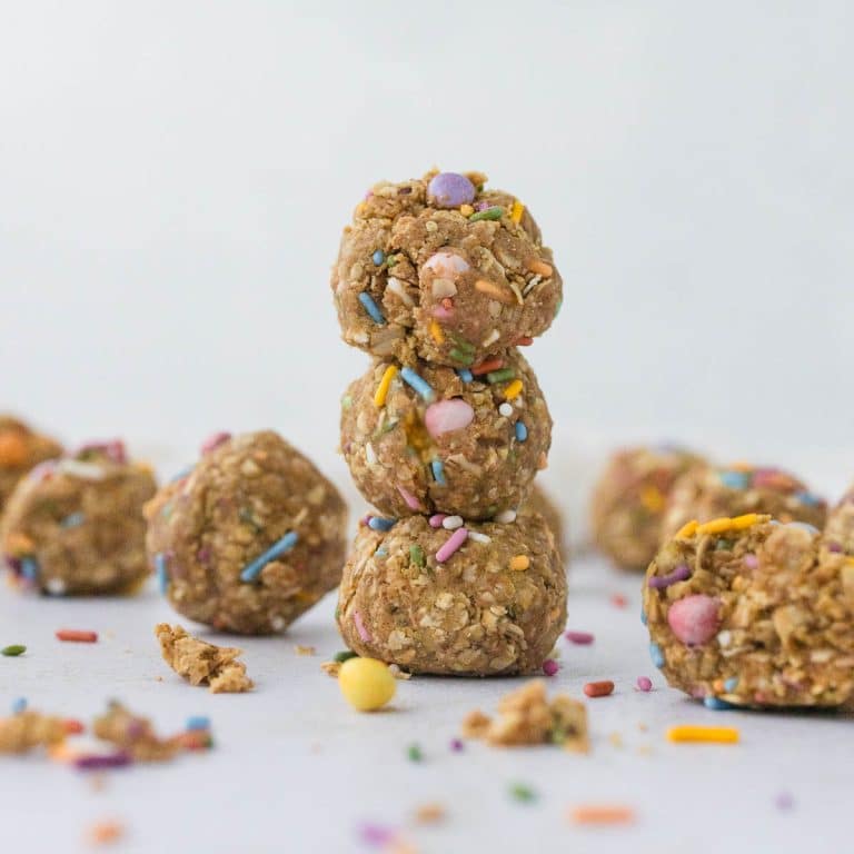 Birthday Cake No Bake Protein Balls Stacked