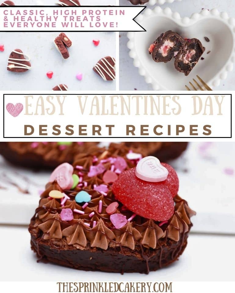 easy valentines dessert recipes with red velvet protein cookie dough hearts, strawberry cheesecake stuffed dates and nutella brownies