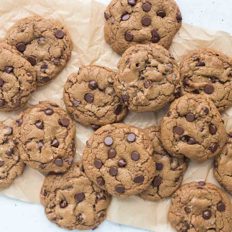 Coconut Sugar Chocolate Chip Cookies on parchment paper