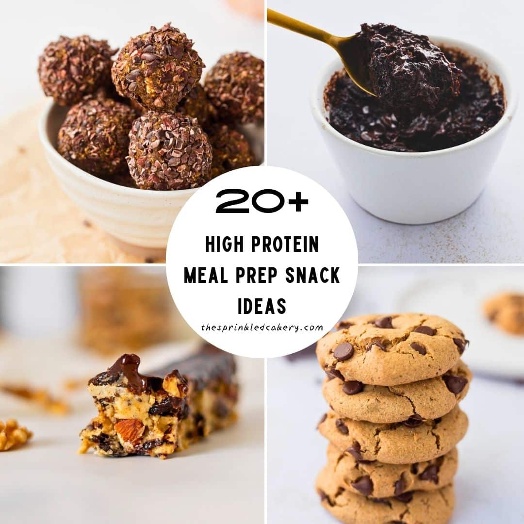 20+ high protein meal prep snack ideas with pumpkin spice energy balls, protein fudgy mug cake, kind bars and chocolate chip protein cookies