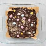 chilled mini egg cookie dough date bark in pan