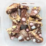 chilled mini egg cookie dough date bark cut into pieces for serving