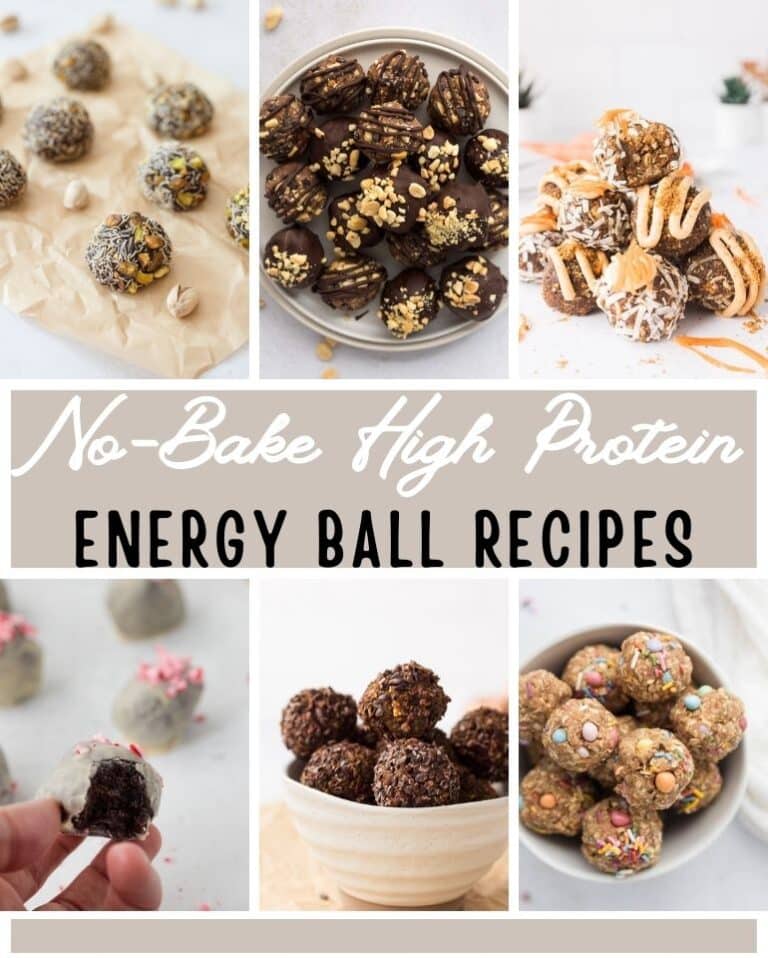 No Bake High Protein Energy Ball Roundup cover image with dubai chocolate, snickers, carrot cake biscoff, peppermint chocolate, pumpkin and birthday cake energy balls