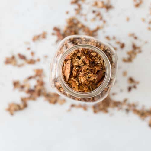 Overhead of Easy Homemade Healthy Granola in mason jar