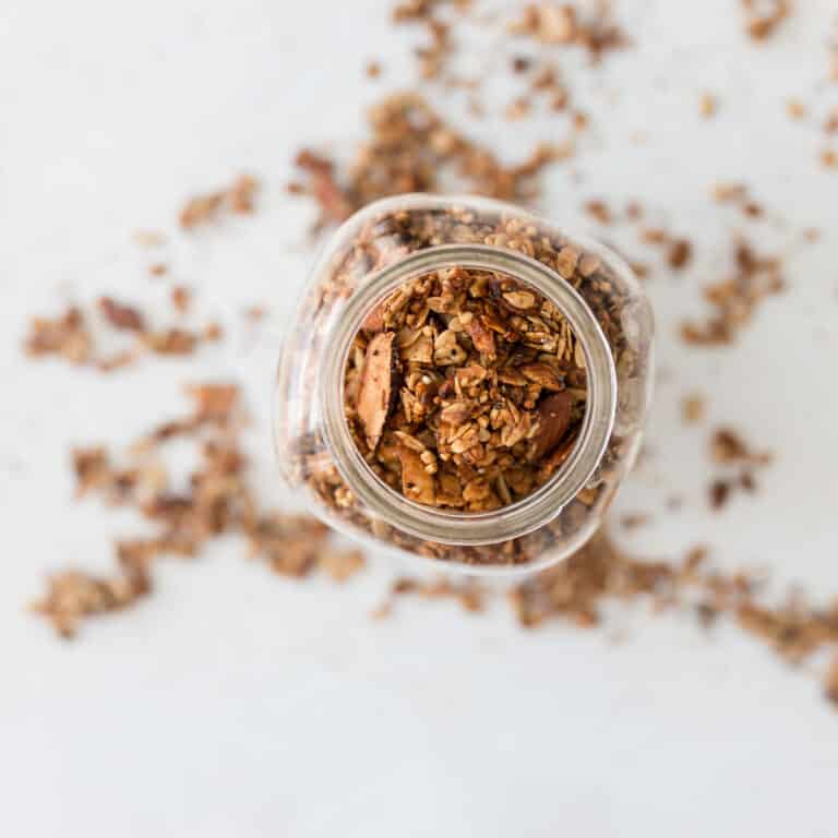 Overhead of Easy Homemade Healthy Granola in mason jar