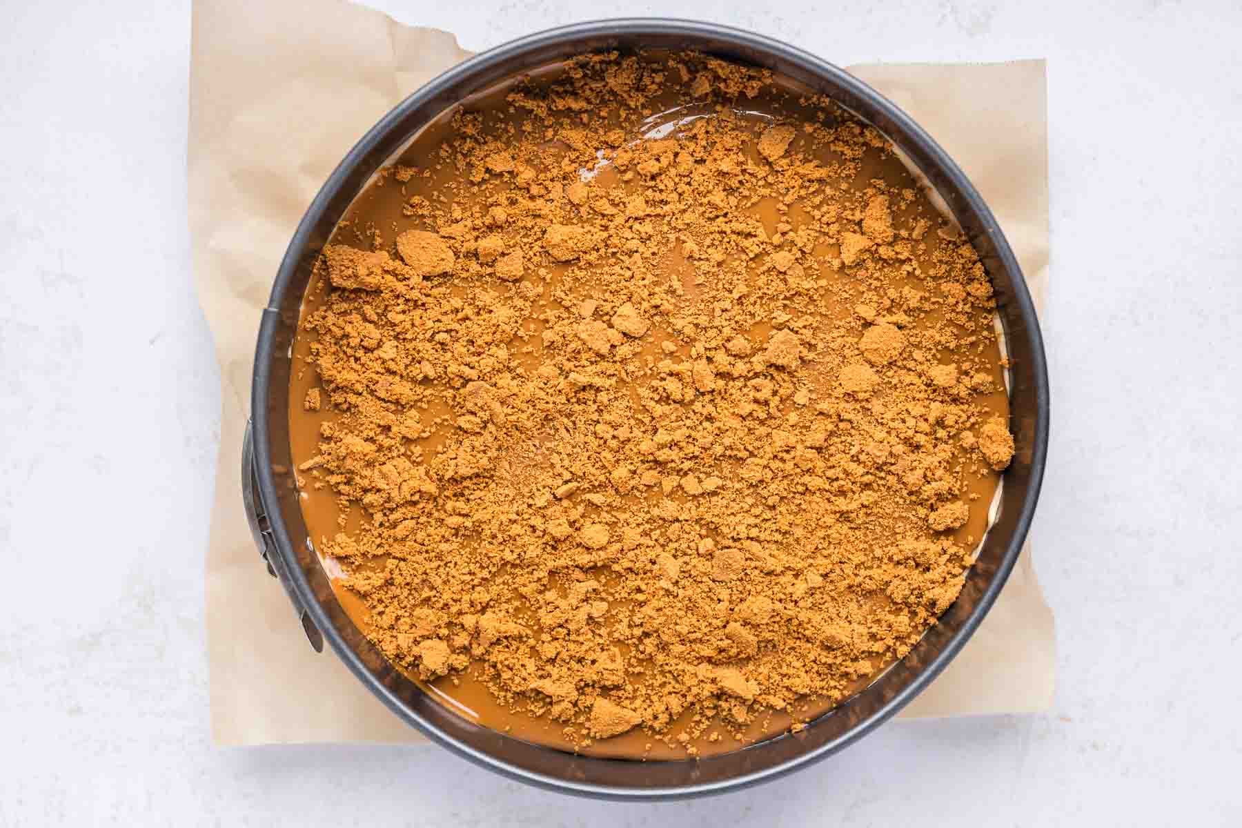 High Protein No Bake Biscoff Cheesecake topped with melted Biscoff spread and crushed cookie crumbs