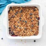 Baked Peach Blueberry Cobbler in white pan