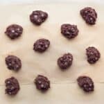 scooped banana chocolate cookies on baking sheet ready to bake