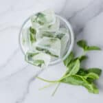 overhead of mint ice cubes in glass ready to be filled