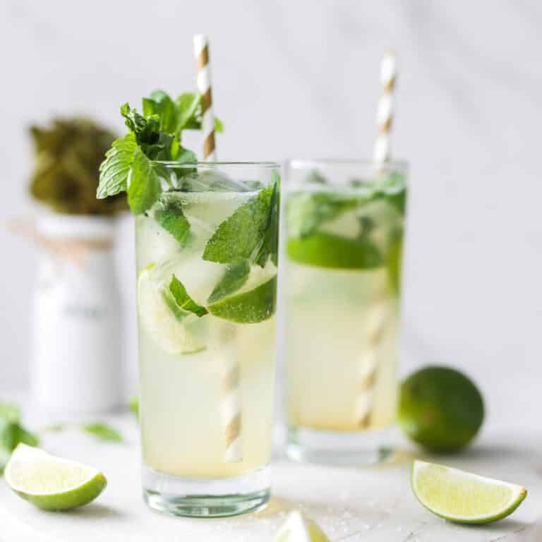 Classic mojito mocktails with fresh mint, lime slices, sparkling water, and ice