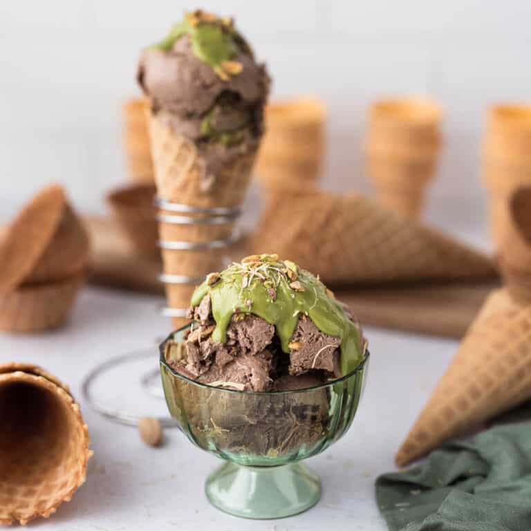 High-Protein Dubai Chocolate Ice Cream made with cottage cheese, Greek yogurt, pistachio cream, chocolate, and crunchy toasted kataifi.