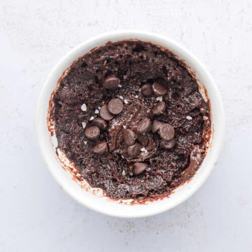 high protein mug brownie in white mug overhead