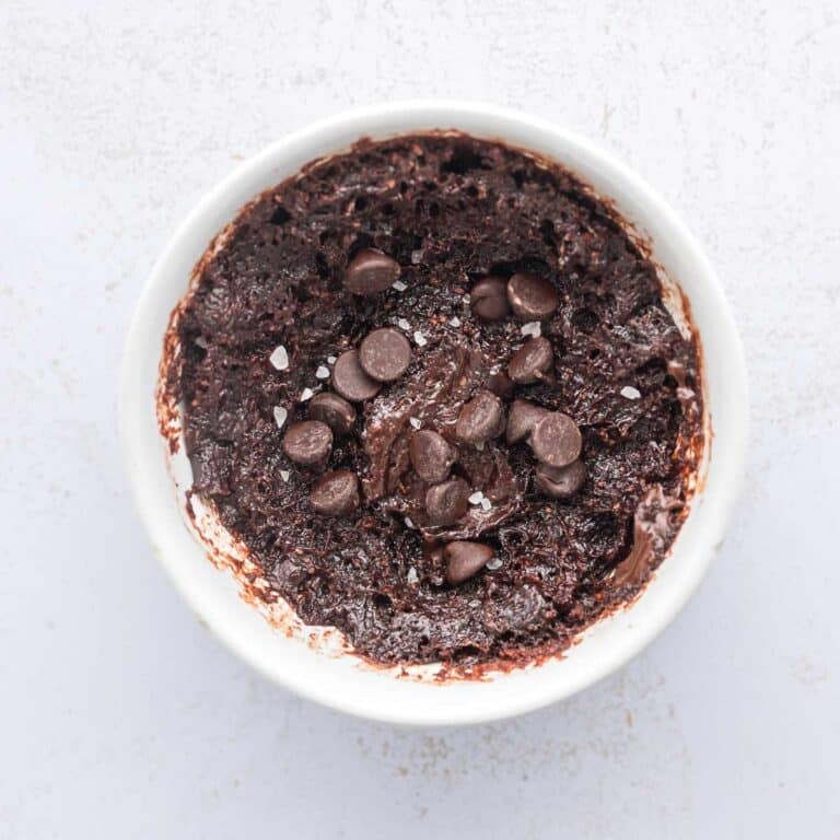 high protein mug brownie in white mug overhead