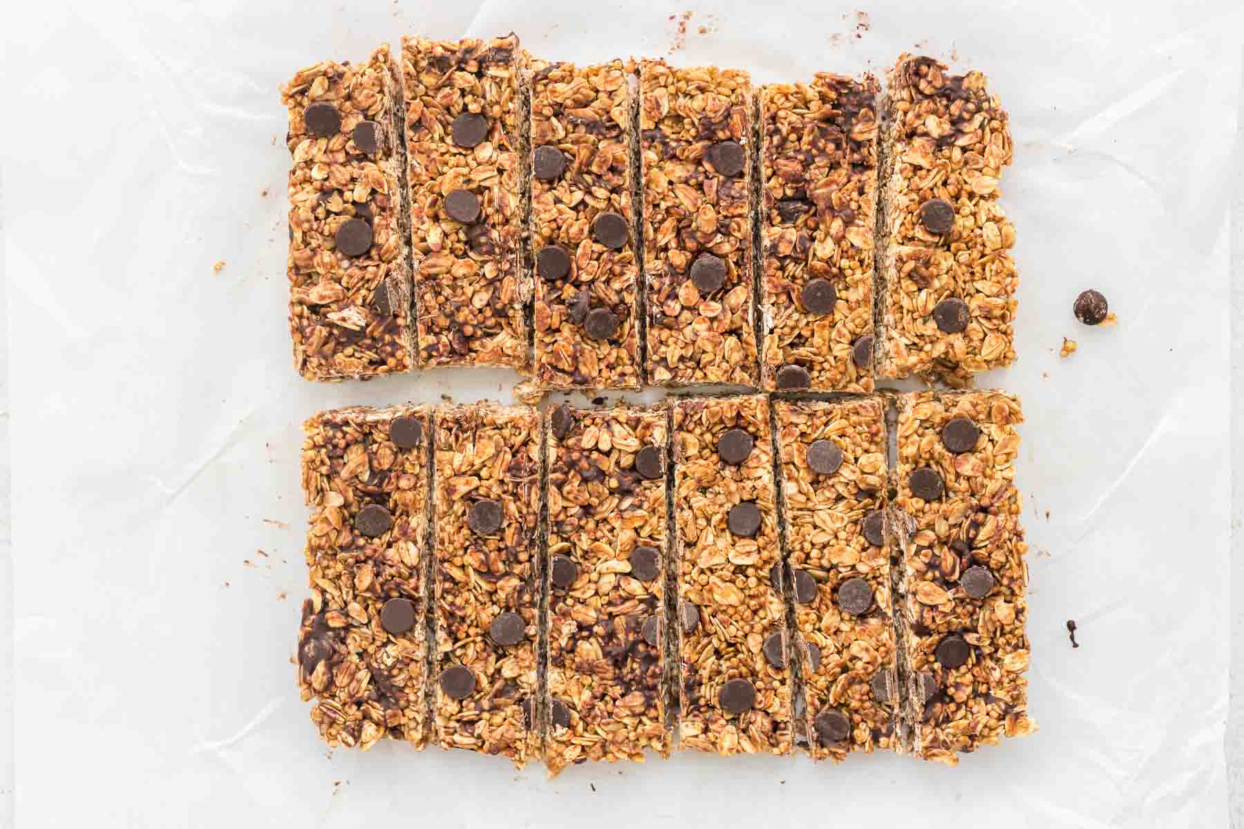Homemade Chocolate Chip Granola Bars sliced into 12 bars