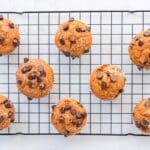 Bakery-style healthy pumpkin chocolate chip protein muffins cooling on a wire rack